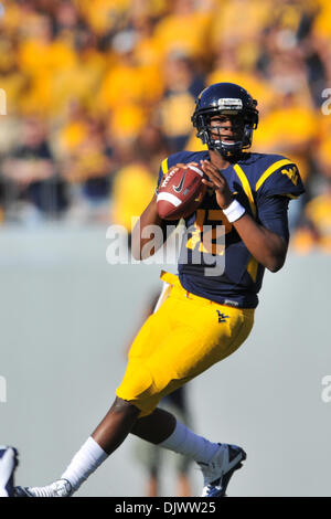 11. Oktober 2010 fällt - Morgantown, West Virginia, Vereinigte Staaten von Amerika - Westvirginia Quarterback Geno Smith (12) zurück auf Samstag gegen UNLV übergeben.  West Virginia besiegte UNLV mit einem Score von 49-10. (Kredit-Bild: © Brian befreit/Southcreek Global/ZUMApress.com) Stockfoto