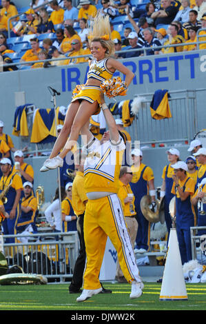 11. Oktober 2010 durchführen - Morgantown, West Virginia, Vereinigte Staaten von Amerika - Westvirginia Cheerleader während des Spiels gegen UNLV Samstag.  West Virginia besiegte UNLV mit einem Score von 49-10. (Kredit-Bild: © Brian befreit/Southcreek Global/ZUMApress.com) Stockfoto