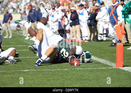 16. Oktober 2010 kommt ein Yard kurz für die Landung im Spartan Stadium - East Lansing, Michigan, Vereinigte Staaten von Amerika - Michigan State Spartans Runningback Larry Caper. MSU besiegte Illinois 26-6. (Kredit-Bild: © Rey Del Rio/Southcreek Global/ZUMApress.com) Stockfoto