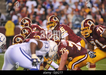 17. Oktober 2010 - Landover, Maryland, Vereinigte Staaten von Amerika - Washington Redskins quarterback Donovan McNabb (5) im Huddle, Woche 6 FedEx Field NFL Spielaktion, Endstand; Colts 27 Redskins 24 (Kredit-Bild: © Roland Pintilie/Southcreek Global/ZUMApress.com) Stockfoto