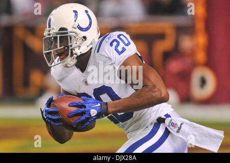 17. Oktober 2010 - Landover, Maryland, Vereinigte Staaten von Amerika - Indianapolis Colts Cornerback Kevin Thomas (20), Woche 6 FedEx Field NFL Spielaktion, Endstand; Colts 27 Redskins 24 (Kredit-Bild: © Roland Pintilie/Southcreek Global/ZUMApress.com) Stockfoto