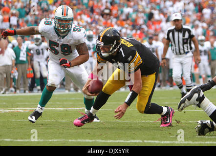 24. Oktober 2010 - Miami Gardens, FL - Florida, USA - Vereinigte Staaten - 102410 (Allen Eyestone/The Palm Beach Post) MIAMI GARDENS, FL SUN LIFE STADIUM. . Pittsburgh Steelers Vs Miami Dolphins... Pittsburgh Steelers-quarterback Ben Roethlisberger (7) Tauchgänge für die Endzone vor Gefummel auf der Torlinie auf einen umstrittenen Aufruf im vierten Quartal. (Kredit-Bild: © der Palm Beach Post/ZU Stockfoto