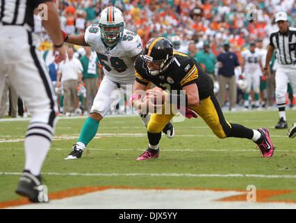 24. Oktober 2010 - Miami Gardens, FL - Florida, USA - Vereinigte Staaten - 102410 (Allen Eyestone/The Palm Beach Post) MIAMI GARDENS, FL SUN LIFE STADIUM. . Pittsburgh Steelers Vs Miami Dolphins... Pittsburgh Steelers-quarterback Ben Roethlisberger (7) Tauchgänge für die Endzone vor Gefummel auf der Torlinie auf einen umstrittenen Aufruf im vierten Quartal. (Kredit-Bild: © der Palm Beach Post/ZU Stockfoto