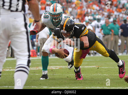 24. Oktober 2010 - Miami Gardens, FL - Florida, USA - Vereinigte Staaten - 102410 (Allen Eyestone/The Palm Beach Post) MIAMI GARDENS, FL SUN LIFE STADIUM. . Pittsburgh Steelers Vs Miami Dolphins... Pittsburgh Steelers-quarterback Ben Roethlisberger (7) Tauchgänge für die Endzone vor Gefummel auf der Torlinie auf einen umstrittenen Aufruf im vierten Quartal. (Kredit-Bild: © der Palm Beach Post/ZU Stockfoto