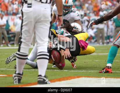 24. Oktober 2010 - Miami Gardens, FL - Florida, USA - Vereinigte Staaten - 102410 (Allen Eyestone/The Palm Beach Post) MIAMI GARDENS, FL SUN LIFE STADIUM. . Pittsburgh Steelers Vs Miami Dolphins... Pittsburgh Steelers-quarterback Ben Roethlisberger (7) Tauchgänge für die Endzone vor Gefummel auf der Torlinie auf einen umstrittenen Aufruf im vierten Quartal. (Kredit-Bild: © der Palm Beach Post/ZU Stockfoto