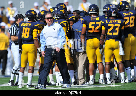 25. Oktober 2010 - Morgantown, West Virginia, Vereinigte Staaten von Amerika - Westvirginia Cheftrainer Bill Stewart verlässt der Huddle nach einer Auszeit während Samstag in der Big East Match-Up in Morgantown, WV gegen Syrakus.  Syrakus besiegt Westvirginia mit einem Score von 19-14 Heimkehr Wochenende verwöhnen. (Kredit-Bild: © Brian befreit/Southcreek Global/ZUMApress.com) Stockfoto