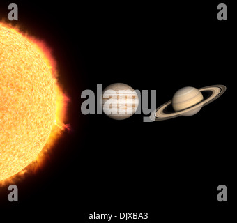 Eine gerenderte Vergleich der Planeten Jupiter und Saturn auf einem sauberen schwarzen Hintergrund. Stockfoto