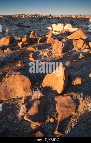 Hoodoos und seltsamen Felsformationen so weit das Auge reicht bei Sonnenaufgang. Bisti/De-Na-Zin Wilderness, New Mexico, USA. Stockfoto
