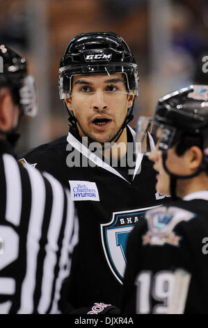 12. November 2010 - Manchester, New Hampshire, Vereinigte Staaten von Amerika - Worcester Sharks zwei Tore in der zweiten Periode auf 2: 0 über den Monarchen zu gehen. (Kredit-Bild: © Jim Melito/Southcreek Global/ZUMApress.com) Stockfoto