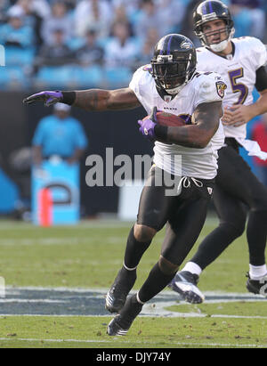 21. November 2010 durchbricht - Charlotte, North Carolina, Vereinigte Staaten von Amerika - Baltimore Ravens Runningback Baltimore Ravens Runningback Willis McGahee (23) die Carolina Panther defensive Linie im Spiel zwischen den Raben und die Panthers bei Bank of America Stadium, Sonntag, Nov 21. 2010. der Ravens besiegte die Panthers 37-13. (Kredit-Bild: © Margaret Bowles/Southcreek Stockfoto
