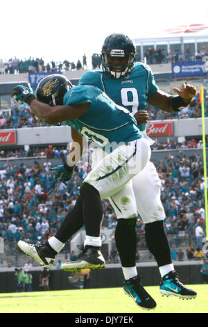 21. November 2010 - Jacksonville, Florida, Vereinigte Staaten von Amerika - 21. November 2010: Jacksonville Jaguars Wide Receiver Mike Thomas (80) und Jacksonville Jaguars Quarterback David Garrard (9) feiern einen Touchdown während der ersten Hälfte Spielaktion zwischen den Cleveland Browns und Jacksonville Jaguars in Everybank Field in Jacksonville, Florida.The Jaguare führen die Browns 10-7 am Halftim Stockfoto