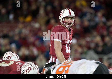 27. November 2010 - Stanford, Kalifornien, Vereinigte Staaten von Amerika - Stanford quarterback Andrew Luck (#12) vor dem Spiel. Stanford besiegte Oregon State 38-0 im Stanford Stadium. (Kredit-Bild: © Kelly Cox/Southcreek Global/ZUMAPRESS.com) Stockfoto