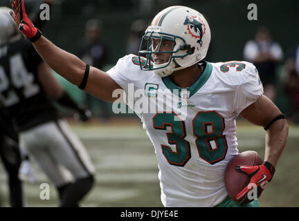 28. November 2010 - Oakland, CA, USA - Oakland Raiders Vs Miami Dolphins im Oakland-Alameda County Coliseum Sonntag, 10. Oktober 2010.  Miami Dolphins Runningback Patrick Cobbs #38 Wellen zu drängen nach Touchdown zu machen... Raiders verlieren zu Delfinen 33-17 (Credit-Bild: © Al Golub/ZUMAPRESS.com) Stockfoto