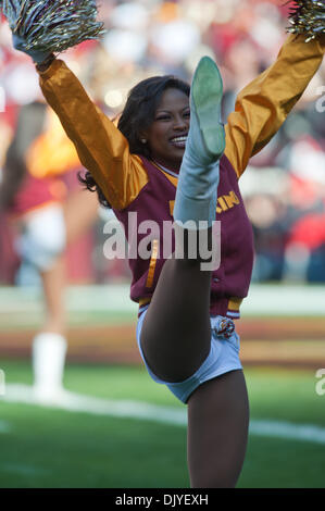 28. November 2010 - Landover, Maryland, Vereinigte Staaten von Amerika - Washington Redskins Cheerleader erklingt während Minnesota Vikings in Washington Redskins NFL-Spiel bei FedEx Field geführt  Wikinger besiegen die Redskins 17-13 (Credit-Bild: © Roland Pintilie/Southcreek Global/ZUMAPRESS.com) Stockfoto