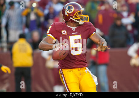 28. November 2010 - Landover, Maryland, Vereinigte Staaten von Amerika - Washington Redskins quarterback Donovan McNabb (5) vorbei, FedEx Field NFL Spielaktion, Endstand; Wikinger 17 Redskins 13 (Kredit-Bild: © Roland Pintilie/Southcreek Global/ZUMAPRESS.com) Stockfoto