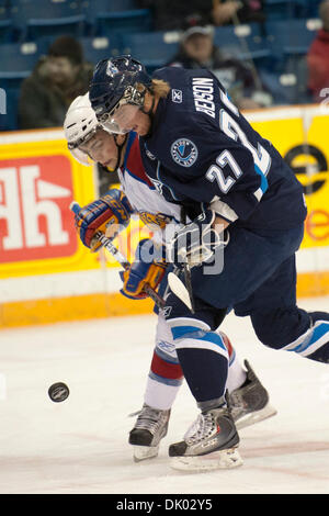 18. Dezember 2010 Zentrum - Saskatoon, Saskatchewan, Kanada - Saskatoon Blades BRENT BENSON (#27) kämpft für den Puck in Aktion während der Saskatoon Blades Vs Edmonton Oil Kings Spiel im Credit Union Centre in Saskatoon. (Kredit-Bild: © Derek Mortensen/Southcreek Global/ZUMAPRESS.com) Stockfoto