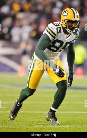 19. Dezember 2010 - Foxborough, Massachusetts, Vereinigte Staaten von Amerika - Packers WR Greg Jennings (85). Die New England Patriots besiegen die Green Bay Packers 31 - 27 im Gillette Stadium. (Kredit-Bild: © Geoff Bolte/Southcreek Global/ZUMAPRESS.com) Stockfoto