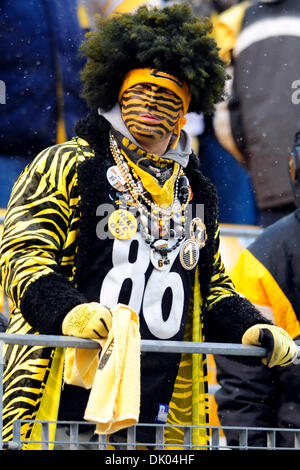 19. Dezember 2010 - Pittsburgh, Pennsylvania, Vereinigte Staaten von Amerika - 19. Dezember 2010: A Pittsburgh Steeler Fan trägt seinen Steeler Getriebe, Unterstützungsaktion sein Team in1st halbe bei Heinz Field in Pittsburgh Pennsylvania.The New York Jets Niederlage die Pittsburgh Steelers 22-17. (Kredit-Bild: © Paul Lindenfelser/Southcreek Global/ZUMAPRESS.com) Stockfoto