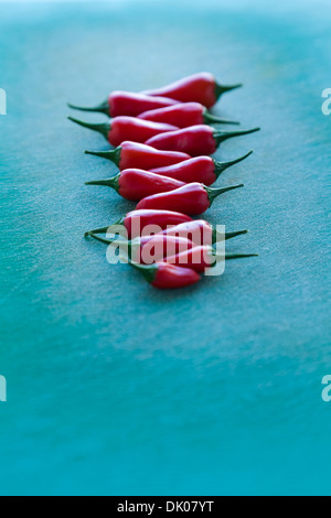 Chili Paprika, Paprika, angeordnet auf einem grünen Kunststoff Schneidebrett Stockfoto