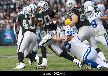 26. Dezember 2010 - Oakland, California, Vereinigte Staaten von Amerika - Indianapolis Colts defensive Tackle Fili Moala (95) senkt Oakland Raiders Runningback Darren McFadden (20) während die NFL-Spiel zwischen den Oakland Raiders und die Indianapolis Colts im Oakland-Alameda County Coliseum.  Die Colts schlagen die Raiders 31-26. (Kredit-Bild: © Matt Cohen/Southcreek Global/ZUMAPRESS.com) Stockfoto