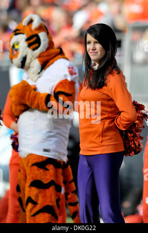 31. Dezember 2010 blicken - Charlotte, North Carolina, USA - Clemson Tigers Cheerleader auf als das Spiel näher an das Ende kommen. USF Niederlagen Clemson Tigers 31-26 bei Bank of America Stadium in Charlotte, North Carolina. (Kredit-Bild: © Anthony Barham/Southcreek Global/ZUMAPRESS.com) Stockfoto