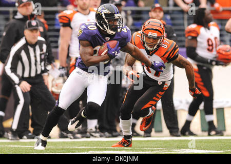 2. Januar 2011 jagt - Baltimore, Maryland, Vereinigte Staaten von Amerika - Cincinnati Bengals Wide Receiver Andre Caldwell (87) nach Reed eine Interception im ersten Quartal von Sonntag Nachmittag Spiel im M & T Bank Stadium in Baltimore, Maryland machte Baltimore Ravens Sicherheit Ed Reed (20) Die Raben führen die Bengals 3: 0 am Ende des ersten Quartals. (Kredit-Bild: © Russell Tracy/Southc Stockfoto