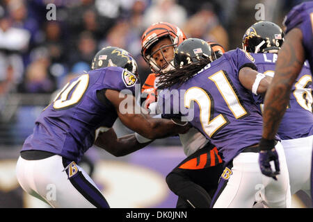 2. Januar 2011 - Baltimore, Maryland, Vereinigte Staaten von Amerika - Cincinnati Bengals Wide Receiver Jerome Simpson (89) bekommt von Baltimore Ravens Safety Ed Reed (20), Cornerback Lardarius Webb (21), angegangen und Sicherheit Dawan Landry (26) im ersten Quartal von Sonntagnachmittag-Spiel im M & T Bank Stadium in Baltimore, MD. Die Raben führen die Bengals 3: 0 am Ende des ersten Quartals Stockfoto