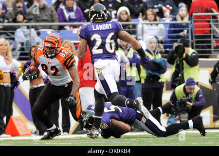 2. Januar 2011 ruft - Baltimore, Maryland, Vereinigte Staaten von Amerika - Cincinnati Bengals-Tight-End Reggie Kelly (82) von Baltimore Ravens Linebacker Ray Lewis (52) in der zweiten Hälfte der Sonntag Nachmittag Spiel im M & T Bank Stadium in Baltimore, MD. ausgelöst Die Ravens besiegte die Bengals 13-7. (Kredit-Bild: © Russell Tracy/Southcreek Global/ZUMAPRESS.com) Stockfoto