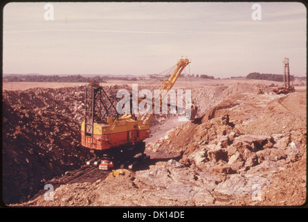 Eine Schaufel bei einem Kohleunternehmen sucht nach festem Brennstoff, während eine andere Maschine den Boden sondiert, um weitere Ressourcen zu gewinnen. Stockfoto
