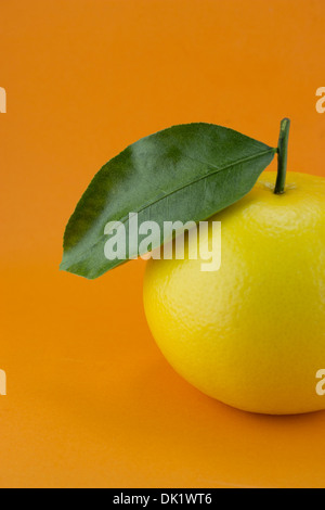 Reife appetitlich Grapefruit mit Blatt auf orangem Hintergrund. Stockfoto