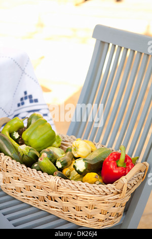 Erhöhte Ansicht verschiedener Bio-geerntete Gemüse im Korb auf blaue Terrasse Stuhl Stockfoto