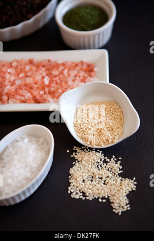 Erhöhte Ansicht von Salz und Gewürzen Zutaten in kleinen Schalen Kochen Stockfoto