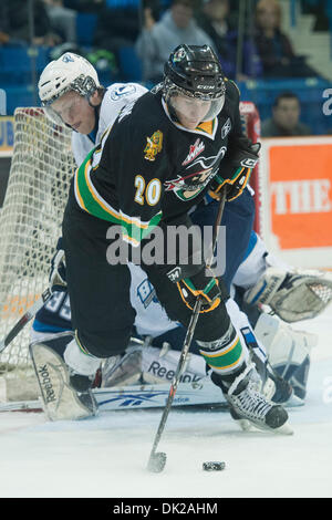 11. Februar 2011 - Saskatoon, Saskatchewan, Canada - Prince Albert Raiders Zentrum Shane Danyluk (#20) versucht in Aktion während der Saskatoon Blades Vs Prince Albert Raiders Runde im Credit Union Centre in Saskatoon. (Kredit-Bild: © Derek Mortensen/Southcreek Global/ZUMAPRESS.com) Stockfoto