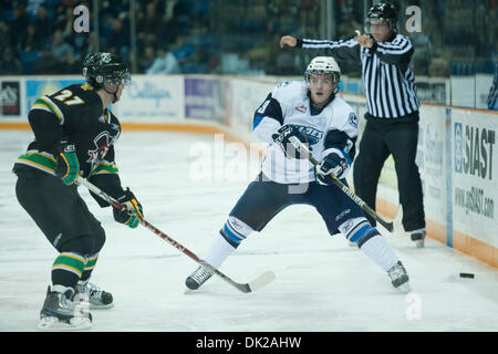 11. Februar 2011 - Saskatoon, Saskatchewan, Kanada - Saskatoon Blades Verteidiger Connor Cox (#3) spielt den Puck in tiefen in Aktion während der Saskatoon Blades Vs Prince Albert Raiders Spiel im Credit Union Centre in Saskatoon. (Kredit-Bild: © Derek Mortensen/Southcreek Global/ZUMAPRESS.com) Stockfoto