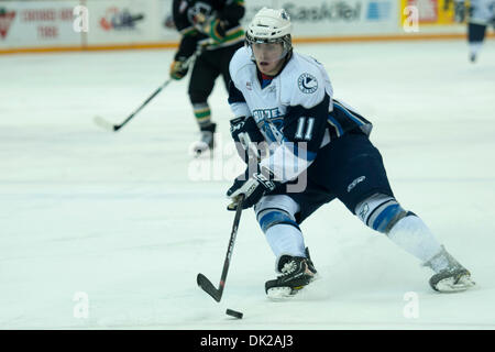 11. Februar 2011 - Saskatoon, Saskatchewan, Kanada - Saskatoon Blades Torhüter Tyler Oswald (#1) dreht sich in Aktion während der Saskatoon Blades Vs Prince Albert Raiders Spiel im Credit Union Centre in Saskatoon. (Kredit-Bild: © Derek Mortensen/Southcreek Global/ZUMAPRESS.com) Stockfoto