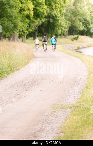 Ruhigen Sommerlandschaft. Eine Gruppe von Menschen, die Fahrrad fahren auf einer Straße Landschaft Göta-Kanal in Schweden. Stockfoto