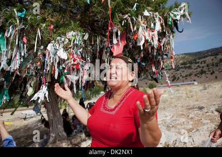 Alevitischen Menschen binden Bänder auf einem Wunsch-Baum in der Tekke Köyü Abdal Musa Schrein Elmalı Antalya Türkei Stockfoto