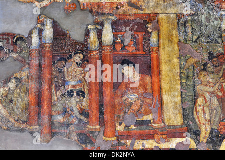 Höhle 1: Malerei. Angebote zu den asketischen und zahlenden Verbeugung vor ihm von mehreren Weibchen. Ajanta Höhlen, Aurangabad, Indien Stockfoto