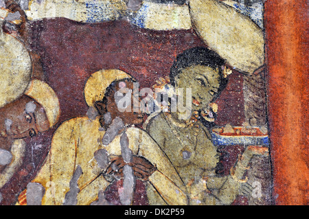 Höhle 1: Malerei. Angebote zu den asketischen und zahlenden Verbeugung vor ihm von mehreren Weibchen. Ajanta Höhlen, Aurangabad, Indien Stockfoto