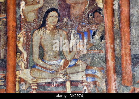 Höhle 1: Malerei. Linke hintere Wand: Mahasodha Jataka. Frustration des Prinzen mit dem weltlichen Leben. Ajanta Höhlen, Aurangabad, Indien Stockfoto