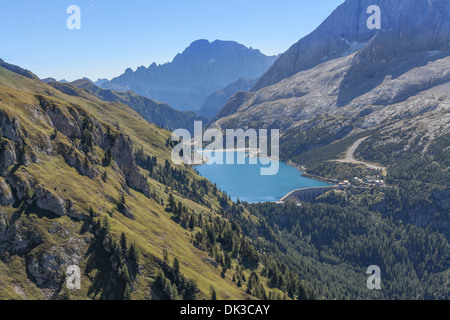 Stausee Lago di Fedaia, Marmolada, Dolomiten, Italien Stockfoto