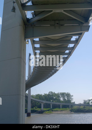 Unterseite auf der Bob Kerrey Brücke und Missouri River, Blick nach Osten von Omaha, Nebraska in Richtung Council Bluffs, Iowa. Stockfoto