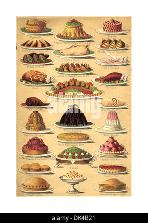 VICTORIAN CHRISTMAS PUDDING Vintage Kochbuch Lithographie Seite 1890 illustriert verschiedene Weihnachten Lebensmitteln einschließlich Torten Pudding Kuchen & Fleisch Stockfoto