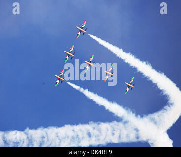 Abu Dhabi. 2. Dezember 2013. Mitglieder der Al Fursan oder die Ritter, die Vereinigten Arabischen Emirate Display-Kunstflugstaffel durchführen während einer militärischen Show präsentiert durch die Streitkräfte der VAE die 42. Nationalfeiertag der VAE in Abu Dhabi, VAE, 2. Dezember 2013 feiern. (Xinhua/eine Jiang) Stockfoto