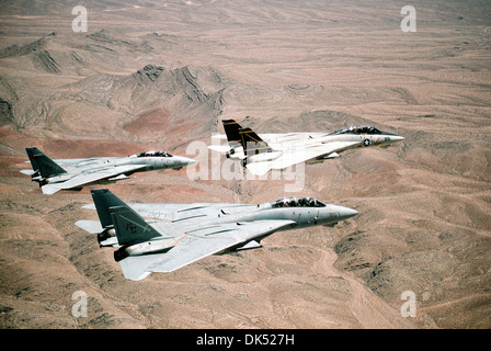 Ein US-Navy Fighter Squadron der F-14A Tomcat Kampfflugzeuge fliegen in Formation über der Wüste während der Operation Desert Storm 7. Februar 1991 in Kuwait. Stockfoto