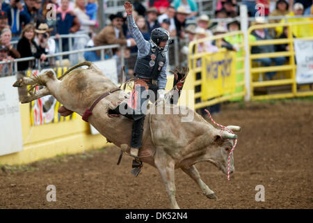 17. April 2011 - Red Bluff, Kalifornien, USA - Dustin Larsen von Manila, UT reitet auf der 2011 Red Bluff Round-Up an der Tehama Stadtteil Fairgrounds in Red Bluff, CA. (Credit-Bild: © Matt Cohen/Southcreek Global/ZUMAPRESS.com) Stockfoto