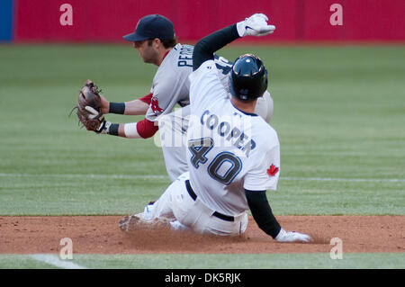 11. Mai 2011 wird - Toronto, Ontario, Kanada - Toronto Blue Jays Infielder David Cooper, am zweiten Base von Boston Red Sox Infielder Dustin Pedroia (15) während der Mittwochabend-Spiel im Rogers Centre in Toronto versehen.  Die Toronto Blue Jays gewann mit einem Score von 9-3. (Kredit-Bild: © Darren Adler/Southcreek Global/ZUMAPRESS.com) Stockfoto