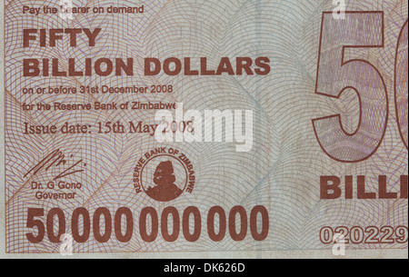 Ein 50 Milliarden Simbabwe-Dollar Note - Simbabwe-Dollar die offizielle Währung von Simbabwe von 1980, 12. April 2009 wurde Stockfoto