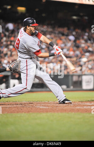 7. Juni 2011 - San Francisco, Kalifornien, USA - Washington Nationals Fielder verließ MICHAEL MORSE (38) Fledermäuse während Dienstag Abend Spiel im AT&T Park.  Die Staatsangehörigen schlagen die Riesen 2-1 (Credit-Bild: © Scott Beley/Southcreek Global/ZUMAPRESS.com) Stockfoto