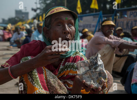 Kalkutta, Indien. 3. Dezember 2013.  Eine behinderte Frau isst während einer Demonstration anlässlich des internationalen Tag der Menschen mit Behinderung in Kalkutta, Hauptstadt des östlichen indischen Bundesstaat Westbengalen am 3. Dezember 2013.  Bildnachweis: Xinhua/Alamy Live-Nachrichten Stockfoto